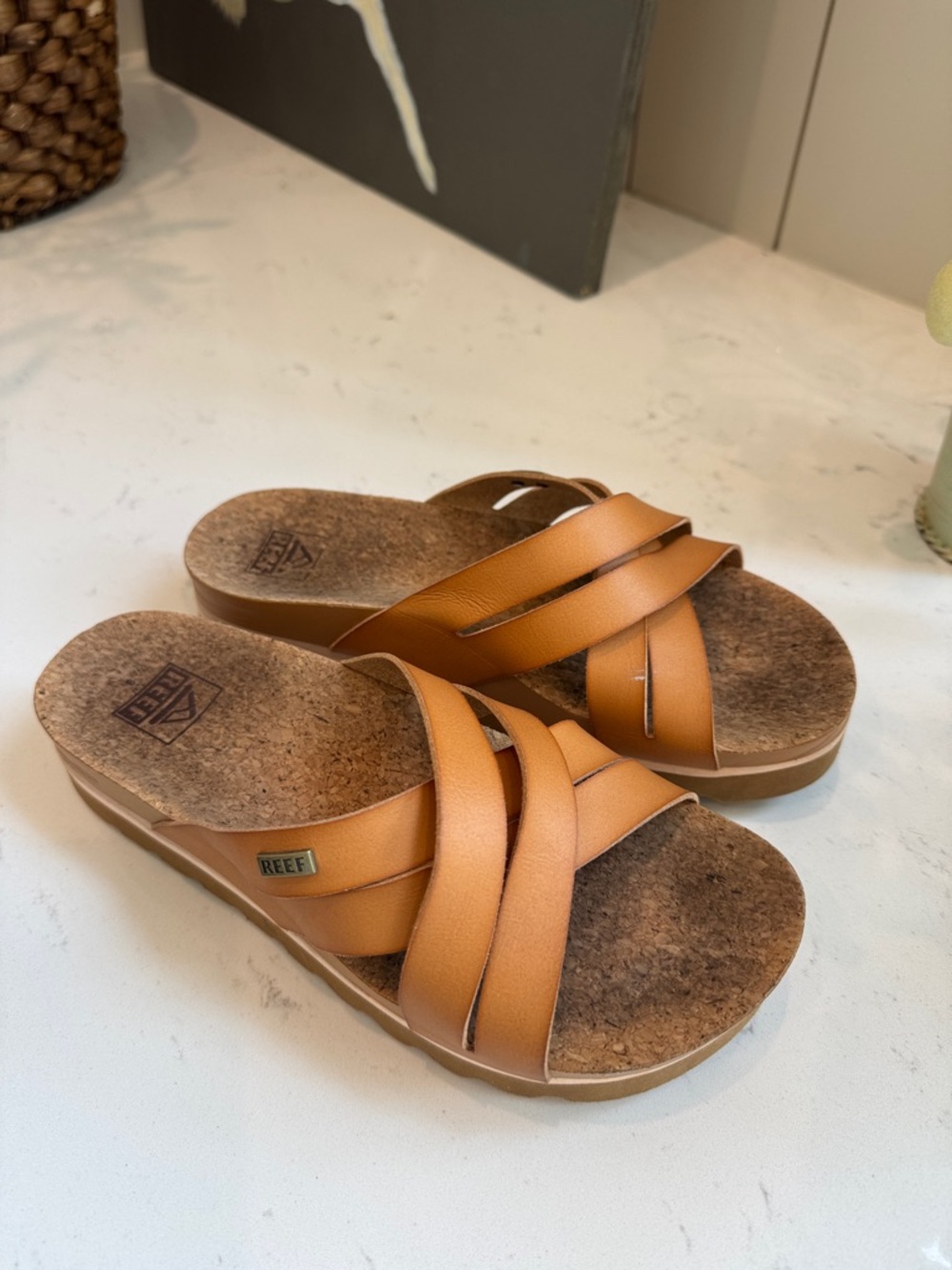 Reef Tan Leather-Look Crisscross Slide Sandals